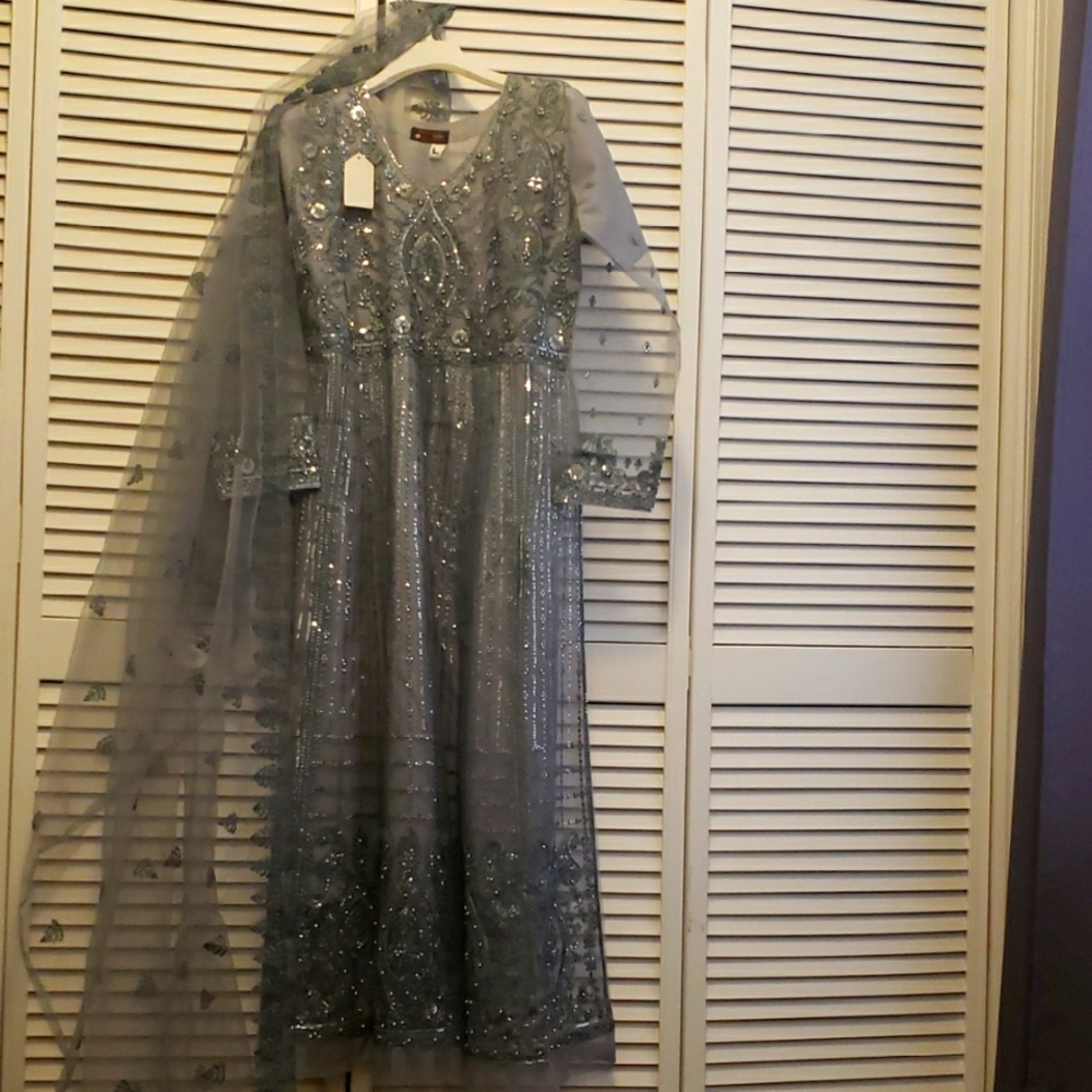 Gray Sequin Embellished Long Sleeve Gown